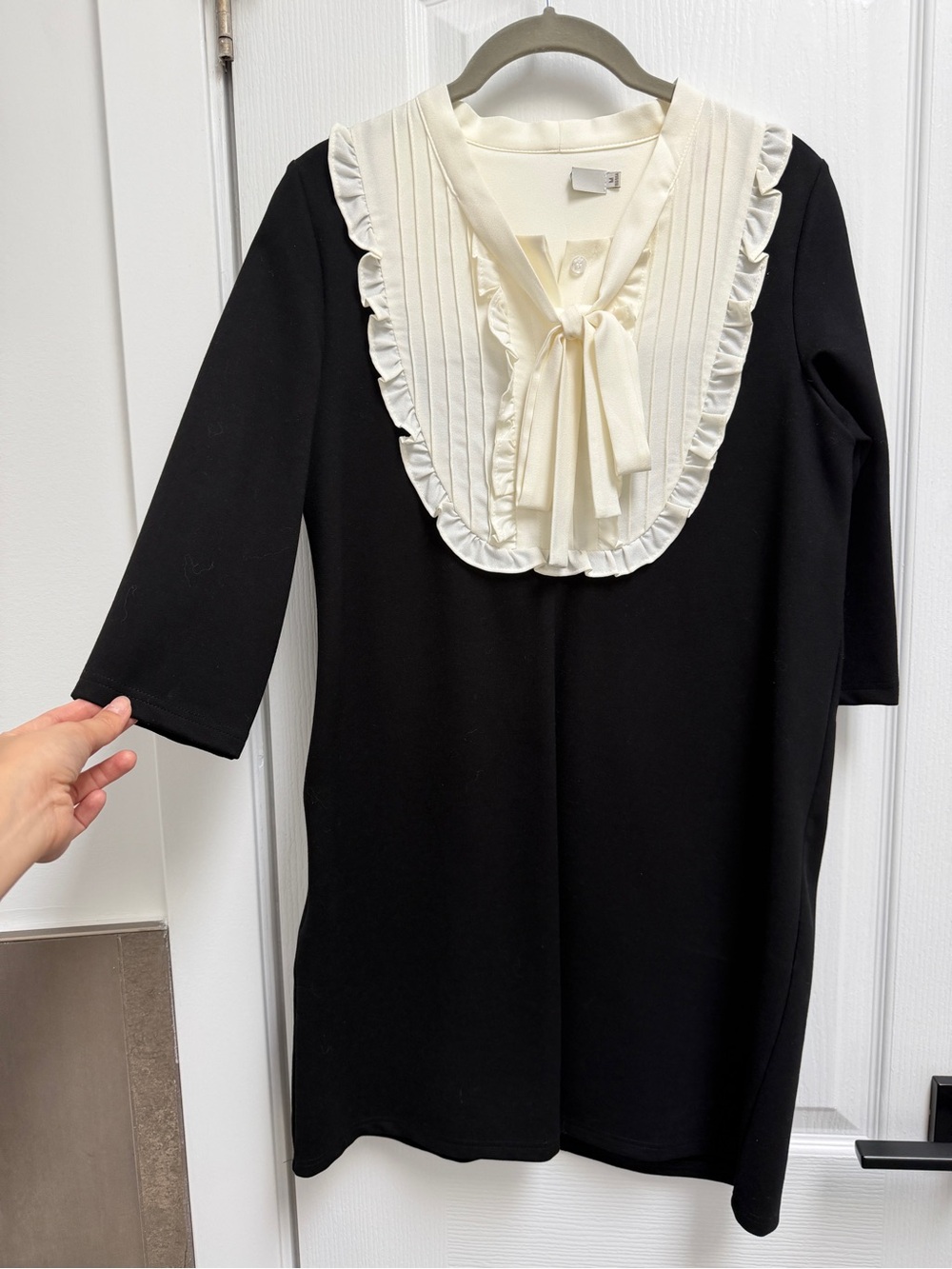 Women’s Black Shift mini dress with Cream Ruffle collar and Bow